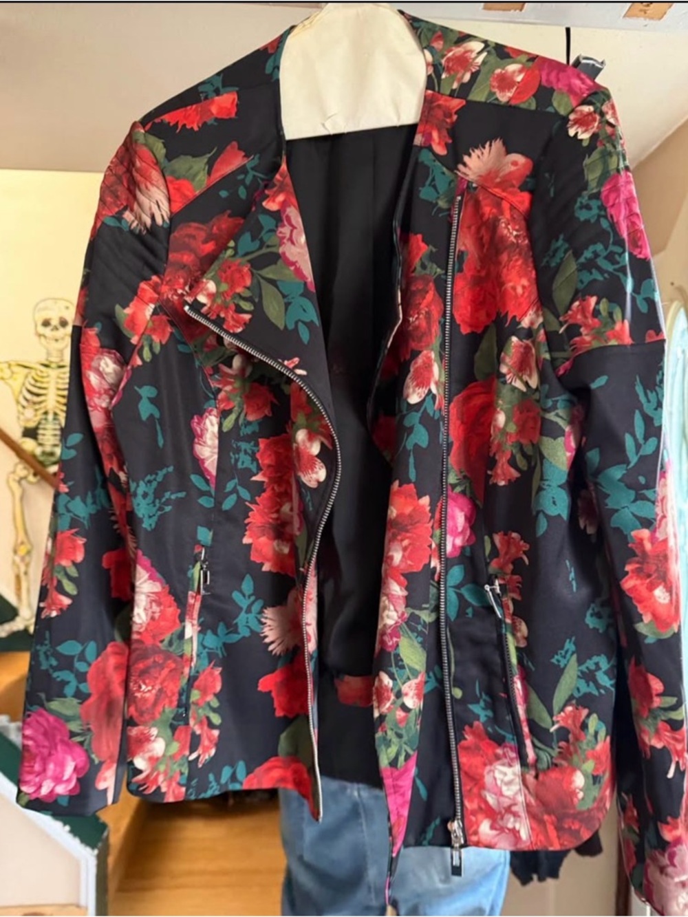 Floral Black Moto Blazer with Red & Pink Roses